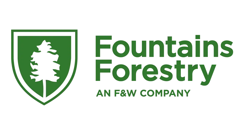 Fountains Forestry logo: green shield with a stylized tree and the words 'Fountains Forestry' beside it, 'AN F&W COMPANY' below.