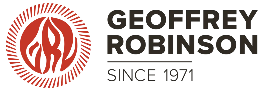 Geoffrey Robinson logo: red circular emblem with abstract flame, beside bold 'Geoffrey Robinson' and 'Since 1971'.