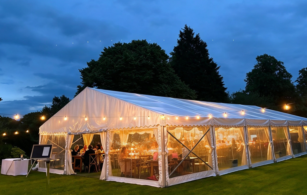 White event tent with translucent sides and warm string lights, hosting guests outdoors at dusk, an inviting marquee if you are planning a marquee wedding for 2027